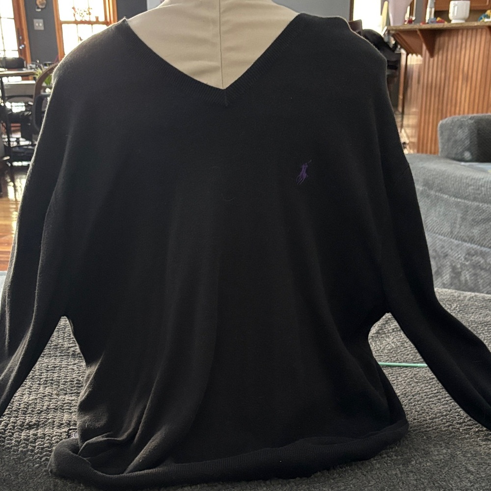 Polo Ralph Lauren Black V-Neck Sweater with Purple Logo